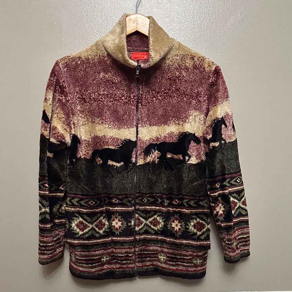 Black Mountain Southwestern horse fleece zip up jacket Sz S